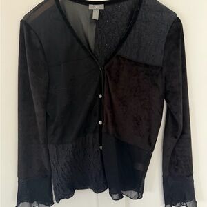 J. Jill Women's Button Down Shirt Black Velvet Lace Sheer Witchy Whimsigoth‎ SP
